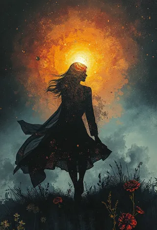 Silhouette of a woman walking in a dreamscape with double exposure effect against a night sky, featuring orange iridescent gold and floral elements.