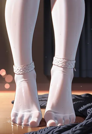Close-up of female feet wearing wet, sheer white nylon stockings with braided cuffs, water droplets visible on the fabric, standing on a wet wooden floor with dark cloth nearby.