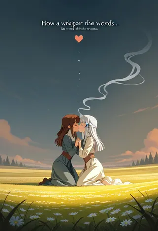 Two anime-style female characters in dresses share a tender kiss kneeling in a glowing field of flowers under a dawn sky, connected by smoke hearts rising above.