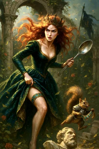 一位火紅髮的森林女王，身穿深翠綠天鵝絨長裙，揮舞著一把大型銀質甜品湯匙，追逐著從古老石拱門中偷走她鑲滿寶石吊帶的鎧甲松鼠。