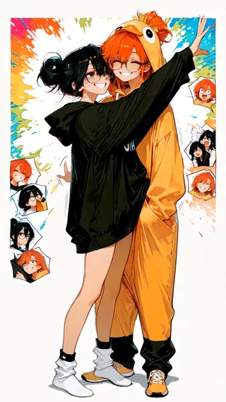 Two playful anime girls embracing, one in a duck costume hoodie with orange hair and freckles, the other with black hair in a cat ear hoodie, surrounded by splashes of color.