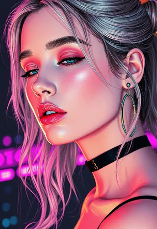 Close-up detailed portrait of a young woman with striking makeup and accessories in synth pop style