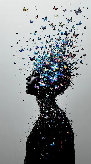 Black human silhouette dissolving into a flock of colorful digital butterflies against a minimalist gray background in a surreal and symbolic transformation.
