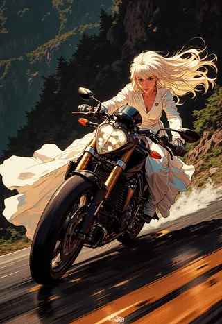 A fierce woman with long flowing white hair rides a motorcycle sharply leaning on a winding mountain road while wearing a white wedding dress, anime style