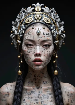 Photorealistic digital portrait of a woman with braided hair, adorned in an ornate golden and silver headdress, with surrealistic text and symbols covering her skin.