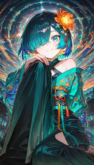 A portrait of an anime girl with blue gradient bob cut hair adorned with an orange flower ornament, wearing a teal hanfu with floral patterns and sitting in a dynamic pose against a vibrant, cosmic background with volumetric lighting.