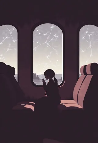 A quiet train carriage shows reversed seats facing windows with glowing constellation chalk lines. A silhouetted girl draws shapes on a misted window, bathed in muted plum and icy gray tones.