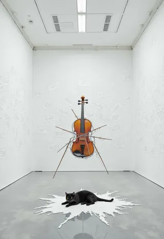 Minimalistic white museum room with a floating violin wrapped in barbed wire, surrounded by projections of sheet music, with a black cat lying on a white rug beneath it.