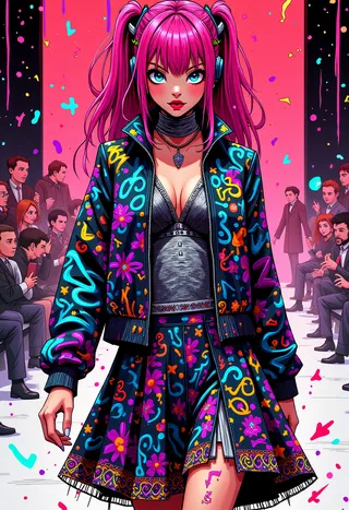 A stylish cyborg fashion student with pink twin-tail hair wearing a colorful Kawaii graffiti patterned jacket and skirt, walking mid-catwalk against a cyberpunk city backdrop.