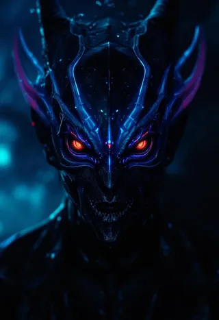 Highly detailed cyberpunk monster with glowing red eyes and sharp blue neon accents, set against a dark, atmospheric background.