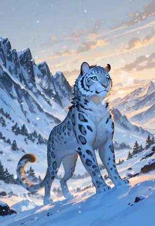 A photorealistic snow leopard stands on a snowy mountain slope at sunrise with snow-covered peaks and soft clouds in the background.