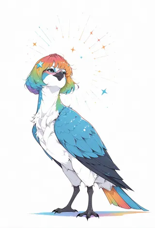 Stylized blue and white bird with rainbow bob cut hair and a star hair ornament, standing against a white background with radiating star shapes.