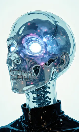 Close-up portrait of a woman with a translucent glass skull and skeleton, showing an iridescent vortex of blue, violet, and silver fluids swirling inside the skull above a black collar shirt on a pure white background.