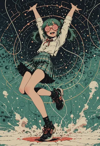 A happy girl with green twintails wears opaque spiral glasses, a white shirt, red ribbon, and plaid skirt, captured mid-jump with arms raised and bent knees in a pop art style.