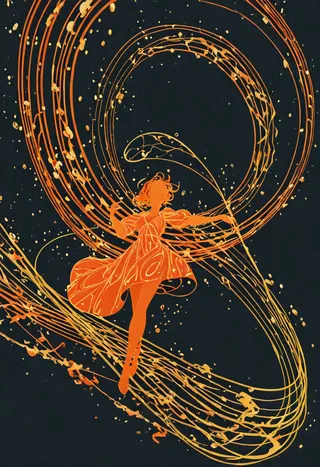 A floating girl in a fantastical dress surrounded by swirling neon musical notes on a dark background in flat neon colors.