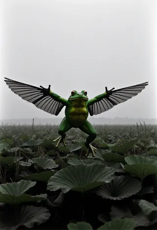 Photorealistic green frog with large wings flying above dense lush foliage under moody, cinematic lighting with vintage RAW photo style