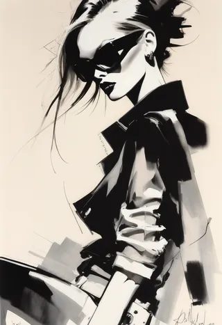 Black and white fashion illustration of a woman in punk-chic style wearing sunglasses and a leather jacket, inspired by Ashley Wood and David Downton.