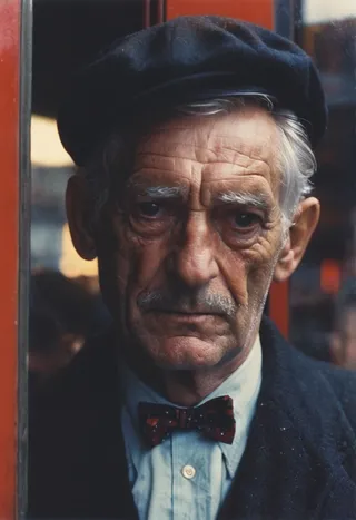 Portrait of an elderly man with a serious expression wearing a dark cap, bow tie, and coat, captured in a vintage photographic style.
