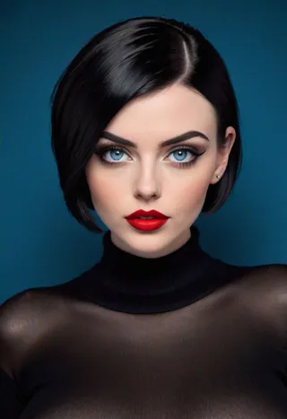 Portrait of a young woman with blue eyes, short black pixie haircut, red lips, black eyeliner and shadow, wearing a black sheer jumper against a blue background.