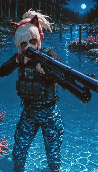 Platinum blonde soldier with cat ear headphones aiming a shotgun in a neon-trimmed tactical outfit standing in a forest pond under full moon night.