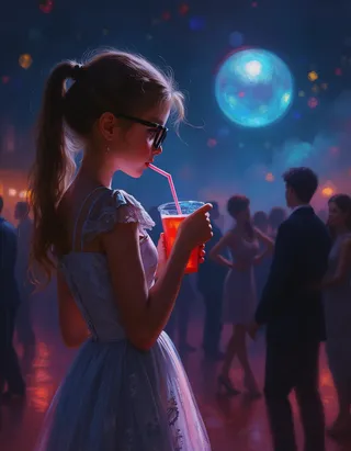 A shy, geeky girl with thick-rimmed glasses and a vintage dress sipping punch at a dimly lit school dance under a glowing disco ball.