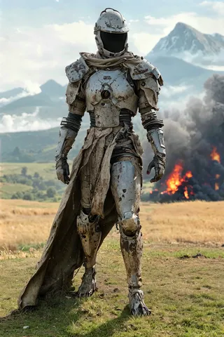 A battle-worn futuristic armored figure stands in a grassy field with a burning castle and smoke in the background, with distant snow-capped mountains.