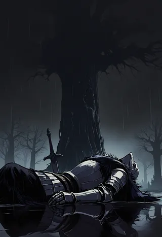 A tired knight in full-plate armor with a fur cloak reclines back on the ground in a dark rainy forest, leaning against a giant rotten tree, reflecting in the water beneath.
