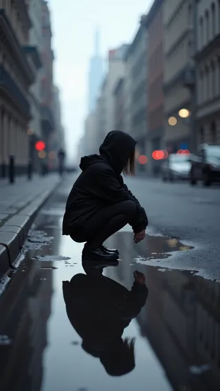 A girl in black hoodie squatting beside a puddle reflecting her silhouette on an urban street with blurred city lights in the background.