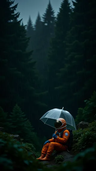 Astronaut wearing an orange spacesuit sitting in a dark forest under heavy rain, sheltering beneath a transparent umbrella with dense trees and a cloudy sky in the background.
