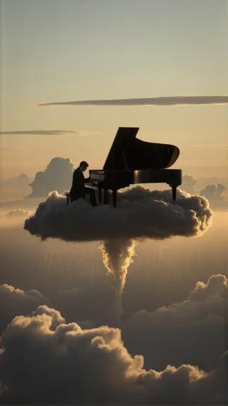 A silhouette of a pianist in a tailcoat playing a black grand piano atop a rain-soaked cumulonimbus cloud, surrounded by sparse clouds and golden alpenglow at sunrise.
