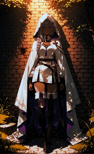 Dark-skinned female fantasy warrior with long braided white hair and purple eyes, wearing a hooded white cloak over a short white dress, standing against a brick wall with dramatic chiaroscuro lighting.