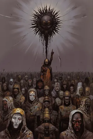 피가 흐르는 눈과 꿰맨 입을 가진 미친 예언자가 검은 태양을 가리키고 있으며, 그 태양은 무릎 꿇은 광신도 무리 위에 액체 그림자를 떨어뜨려 포스트 아포칼립스 컬트 이미지를 어두운 상징과 함께 불러일으킵니다.