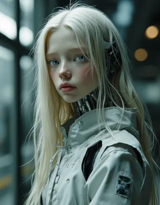 Portrait of a robotic teen goddess with long blond hair, blue eyes, and a half robotic body, standing in a futuristic workshop illuminated with Rembrandt lighting.