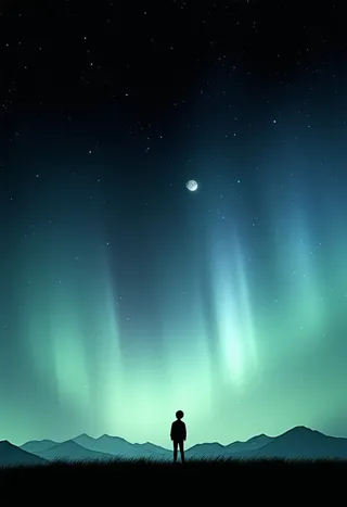 A silhouette of a solitary boy standing on a grassy field with distant mountains as the Aurora Borealis illuminates the night sky and a pale moon above.