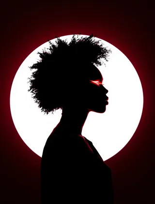 A black silhouette profile of a person with an afro hairstyle against a large white circular backlight, featuring a striking ethereal red glow around the eye.