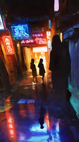 Two girls silhouetted in a neon-lit city alley at night; reflections and dramatic shadows cast on wet ground
