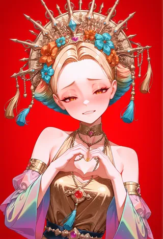 Close-up of a girl with coral eyes and multicolored short hair wearing a detailed ornamental headdress with orange and blue flowers, making a heart shape with her hands against a red background.