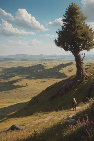 마른 풀과 드문드문한 난쟁이 나무로 덮인 광활한 끝없는 초원이 언덕 꼭대기에서 바라보이며, 구불구불한 길과 길을 걷는 사람이 있고, 솜털 구름이 떠 있는 하늘 아래의 풍경.