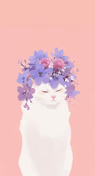 A serene white cat with closed eyes wearing a lush wreath of purple and pink flowers against a soft pink background