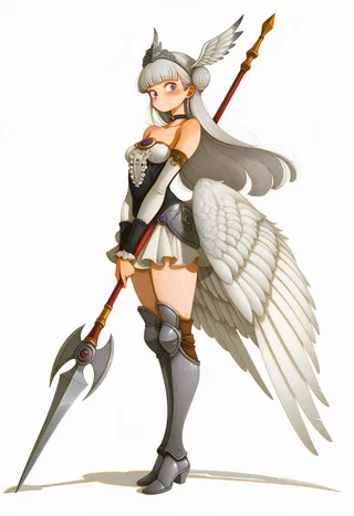 Full-body illustration of a valkyrie with white hair and feathered wings, wearing a strapless, armored dress and holding a long spear, standing against a simple white background.