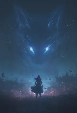 Silhouette of a woman facing a giant ethereal fox-like dark monster with glowing eyes in a misty nighttime setting with moody atmospheric lighting.