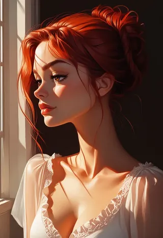 Profile portrait of an elegant young woman with long red hair styled in an updo, brown eyes, wearing a white frill dress with a deep v neck, illuminated by soft window light.