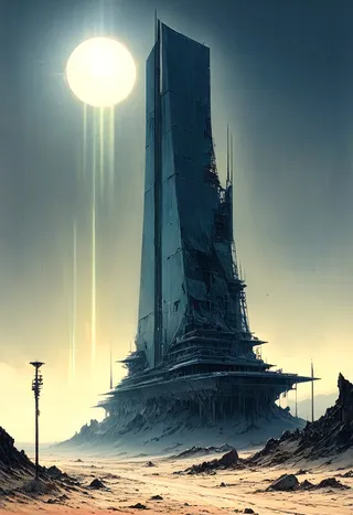 A towering, weathered sci-fi skyscraper rising from a barren desert wasteland under a pale sun, with a bleak atmosphere and vintage retro anime style.