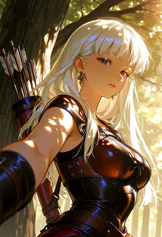 Anime-style white-haired female archer wearing brown leather armor crouching on a tree branch, aiming her bow in a sunlit forest with arrows quiver on her back