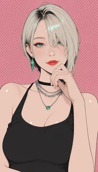 Anime-style portrait of a girl with short platinum blonde hair, emerald green eyes, wearing a black tank top and multiple necklaces, against a pink dotted background.