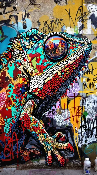Colorful chameleon graffiti spray painted on an urban wall covered with various graffiti, featuring reflective eye showing a bustling street scene.