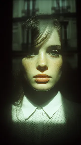 Retrato de cerca de una joven con pecas y piel pálida, iluminada por una iluminación dramática de sombras, vistiendo una camisa de cuello blanco.