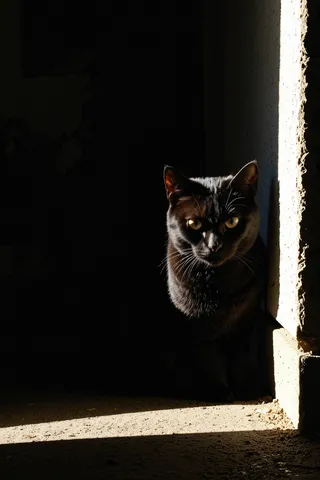 A black cat with yellow eyes emerges from shadows, illuminated by a narrow beam of sunlight outdoors, highlighting its fur texture and the rough wall beside it.