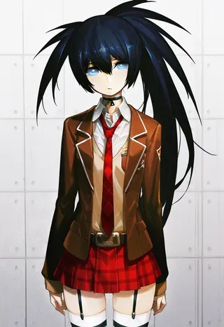 Anime girl with long black uneven twintails and blue eyes wearing a brown blazer, red plaid skirt, white shirt with red tie, garter straps, and black choker, standing against a checkered wall.