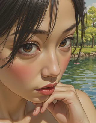 Realistic digital portrait of an Asian woman with brown eyes and glossy skin, resting her hand on her chin, set against a tranquil lake and forest background in spring evening.